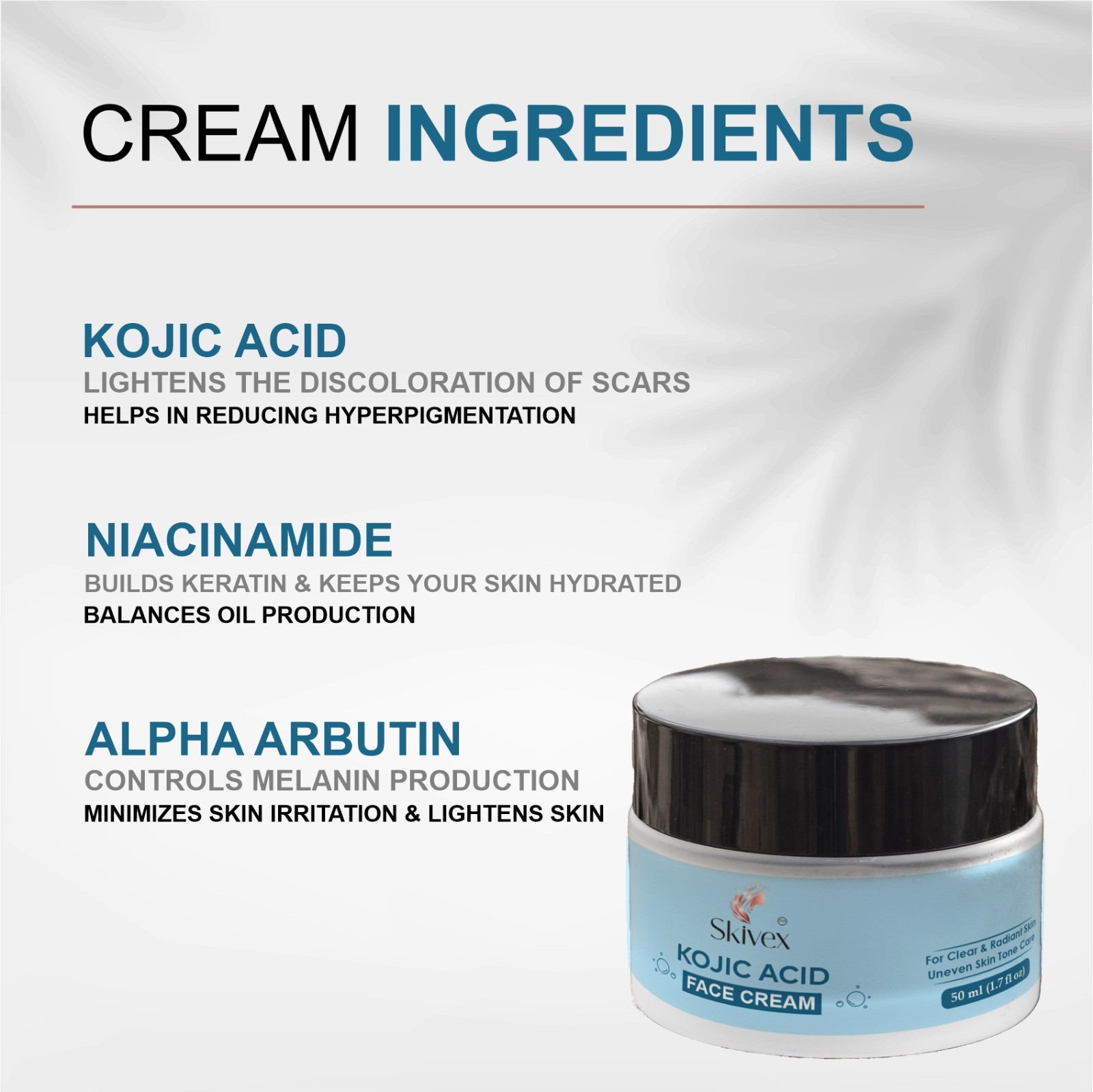 Kojic Acid Face Cream with Niacinamide & Alpha Arbutin for Hyperpigmentation, Dark Spots & Brightening – 50ml | Skivex