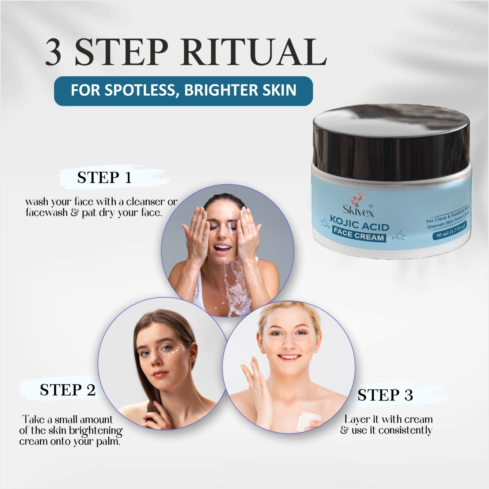 Kojic Acid Face Cream with Niacinamide & Alpha Arbutin for Hyperpigmentation, Dark Spots & Brightening – 50ml | Skivex